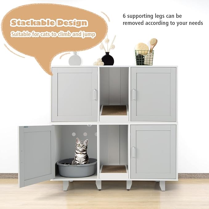 Tangkula Double Cat Litter Box Enclosure for 2 Cats, Large Stackable Hidden Privacy Cat Washroom Cabinet with Scratching Board, Indoor Cat House TV Stand Side Table, Litter Box Furniture (Grey)