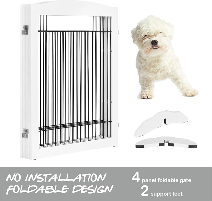 PAWLAND Extra Wide Dog gate for The House, Doorway, Stairs, Dog Fences Indoor, Freestanding Foldable Wooden Pet Gates for Dogs, Set of Support Feet Included, 96 in Wide 30 in Tall, 4 Panels White