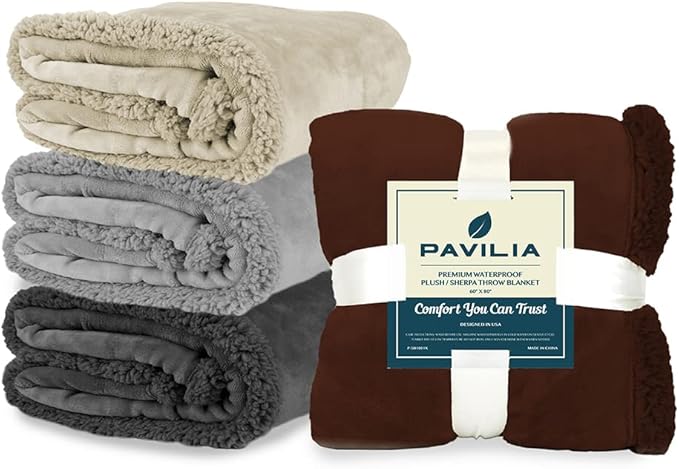 PAVILIA Waterproof Blanket for Couch, Sofa | Waterproof Dog Blanket for Large Dog, Puppy, Cat | Pet Blanket Protector | Plush Soft Warm Fuzzy Sherpa Blanket Bed Throw, Light Grey, 90x90