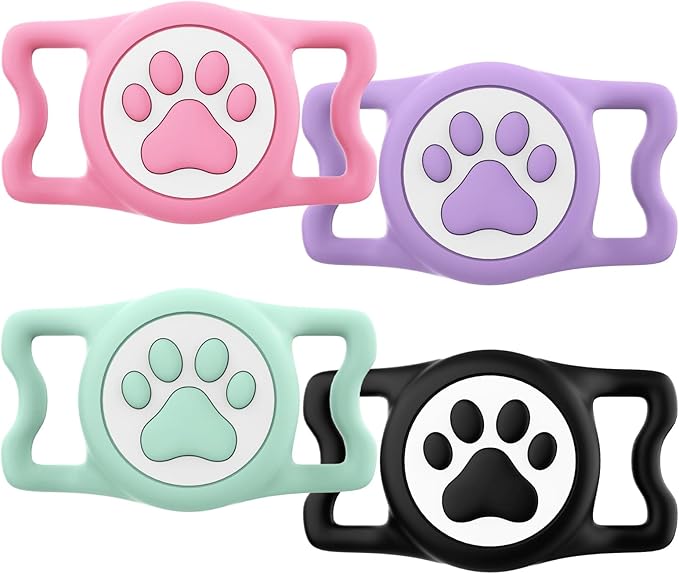 4 Pack-Waterproof Airtag Dog Collar Holder for Apple Air Tag, Silicone Dog Airtag Holder for Anti-Lost Protective Apple AirTag for Pet Collar - Fits All Width Collars (Black Pink & Green Purple)