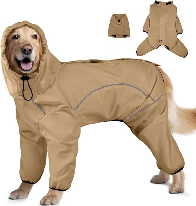 Dog Raincoat, Waterproof Dog Rain Jacket with Removable Hood，Adjustable 4 Legs Pet Poncho with Leash Hole，Reflective Stripe Hooded Snowproof Windproof Clothes for Small to 3X-Large Dogs, M