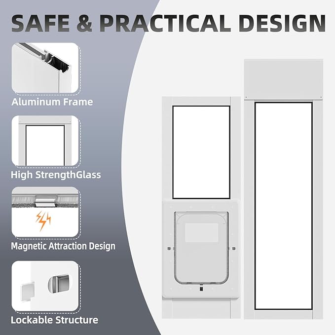 Dog Door for Sliding Glass Door with Magnetic Plastic Flat, Sliding Door Pet Doggie Door Insert with Lock, Adjustable Height No-Cut Required Doggy Door Access Renters, Apartments, Patio (White, S)
