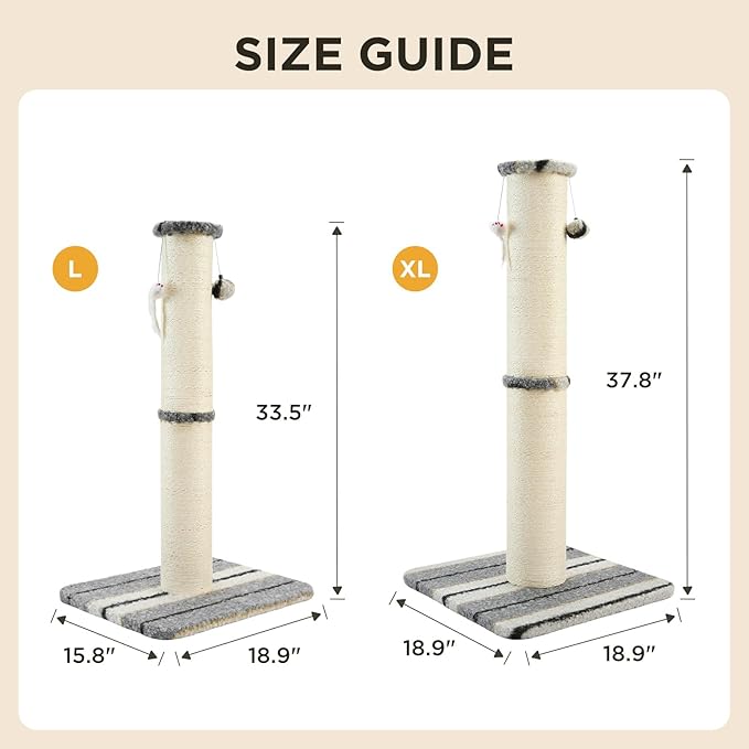Joydeco Cat Scratching Post 34 Inches Heavy Duty and Thick Scratching Post Sisal Rope with Hanging Ball and Mice for Indoor Cats(Grey)