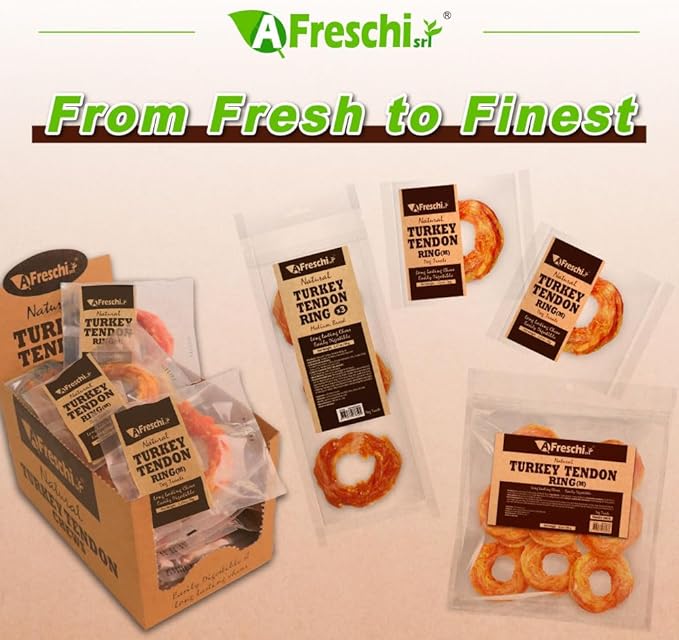 A Freschi srl Turkey Tendons for Dogs, Long-Lasting, Hypoallergenic Rawhide Alternative, Human Grade, Healthy Puppy Chews, Natural Dog Treats for Medium Dogs, Ring (M), 2 Count Pack