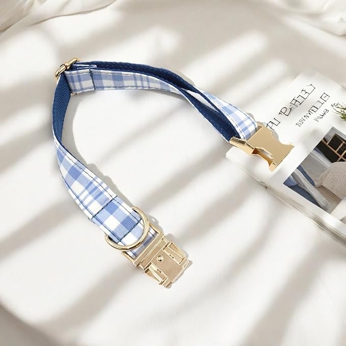 PETDURO Personalized Dog Collar Navy Blue Plaid for Large Medium Dogs | Engraved Name and Phone Number on Gold Metal Buckle for Boys | Add Leash & Bow Tie via Customize Now