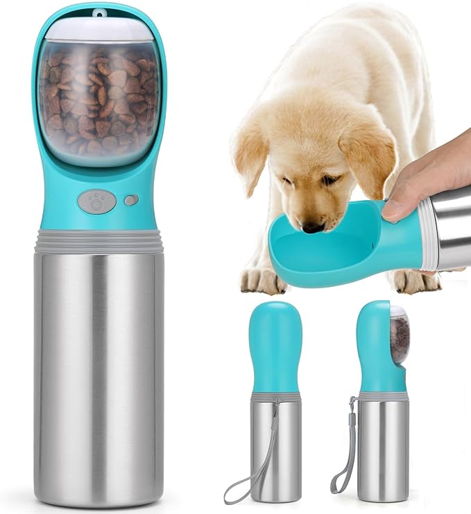 Portable Dog Water Bottle with Food Container, 14 OZ, Stainless Steel Leak Proof Puppy Water Dispenser with Drinking Feeder for Pets Travel, Walking, Hiking and Outdoor Activities
