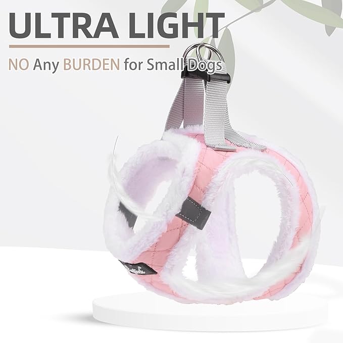 PUPTECK Plush Dog Harness and Leash Set for Small Medium Dogs No Pull Step-in Soft Mesh Puppy Cat Winter Vest Harnesses Reflective at Night Warm, Plush Pink, M