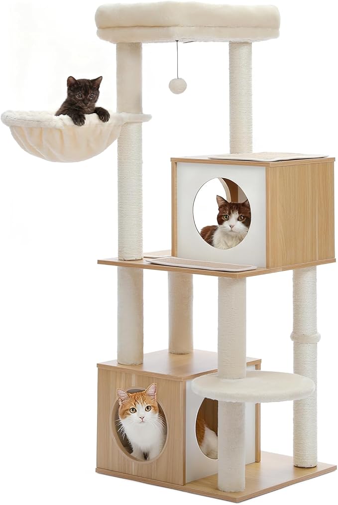 Modern Cat Tree for Indoor Cats Large Adult, 51 Inches Wood Cat Tower with Cozy Condos, Fully Sisal-Wrapped Scratching Posts, Top Perch and Soft Hammock, Kitten Play House, Beige