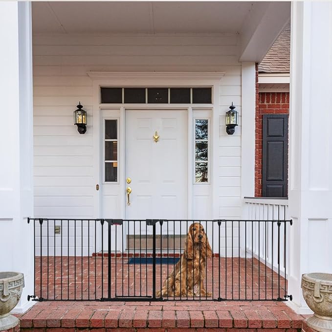 Freestanding Dog Gates with Door Walk Through, Extra Wide Doggy Door 100" W x 29" H Pet Gate Safty 4 Panels Dog Fence for Stairs, Doorways