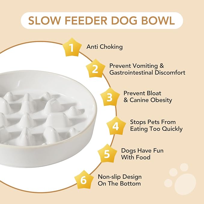 Ceramic 1.6 Cup Raised Slow Feeder Dog Bowl Set, Elevated Acacia Wood Stand for Medium and Large Dogs, 8.2inch Slow Pet Dish for Fast Eaters(1 Bowl & Stand,Reactived Glaze -White)
