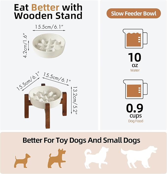Ceramic 0.9 Cup Raised Slow Feeder Dog Bowl Set, Elevated Bowl with Acacia Wood Stand for Small Dog and Cat, 6.1inch Slow Dog Food Dish, Helps Stop Bloat(1 Bowl & Stand, Vanilla White)