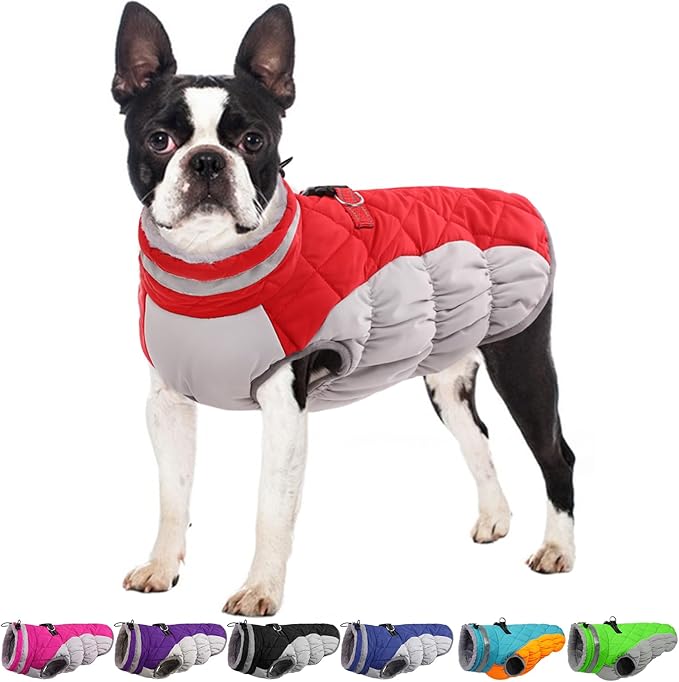 Winter Dog Coat,Large Dog Jacket,Waterproof Pet Jacket with Back Zipper,Pet Coat with Harness Built in,Warm Dogs Coat with Fleece Lined, Snow Jacket Clothes French Bulldog Shiba Inu,Red,L