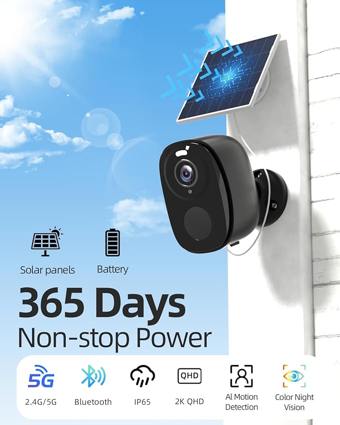 ELECCTV 2.4&5G Solar Security Cameras Wireless Outdoor,2K QHD Home Security System, Solar Cameras Kit with 130° Ultra-Wide View, 2-Way Talk, IP65,Color Night Vision, Spotlight & Siren (1, Black)