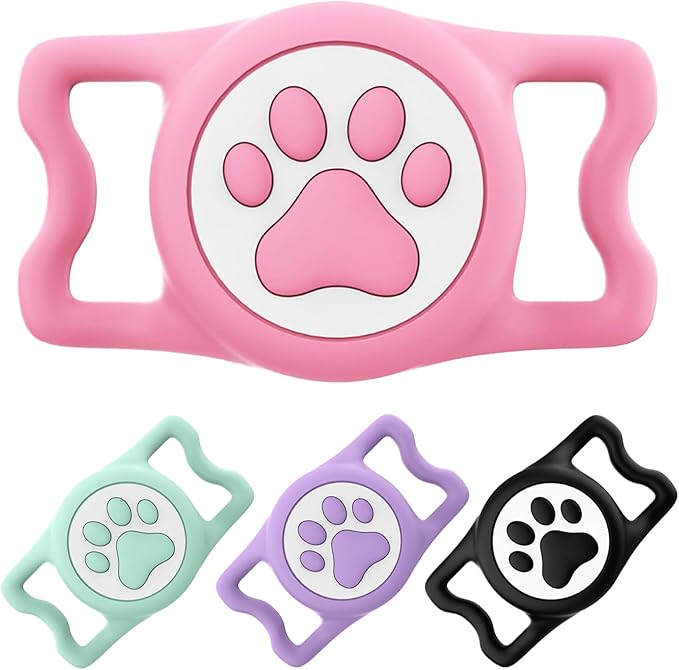 4 Pack-Waterproof Airtag Dog Collar Holder for Apple Air Tag, Silicone Dog Airtag Holder for Anti-Lost Protective Apple AirTag for Pet Collar - Fits All Width Collars (Black Pink & Green Purple)