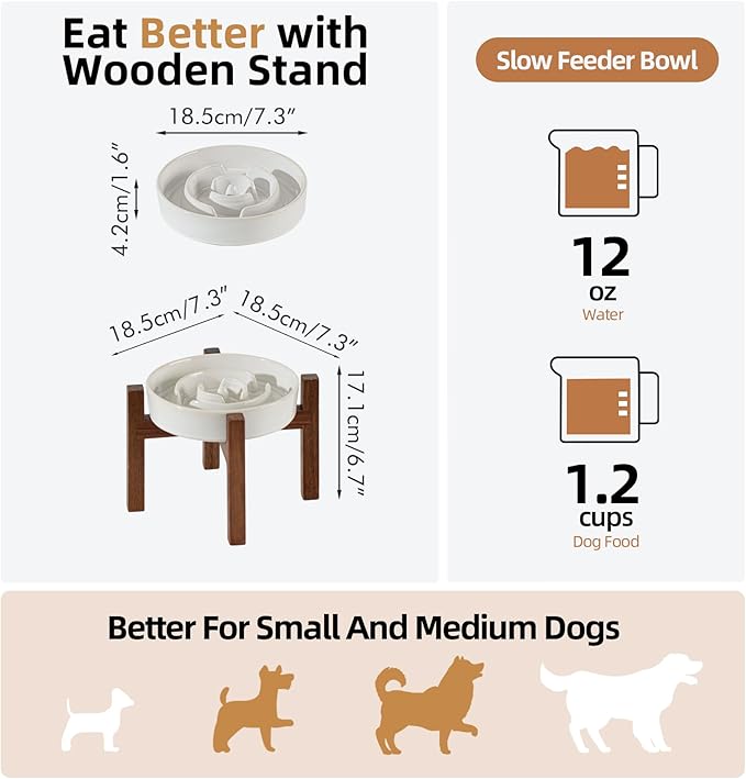 Ceramic 1.2 Cup Raised Slow Feeder Dog Bowl Set, Elevated Acacia Wood Stand for Medium and Small Dog, 7.3inch Slow Dish, Stop Bloat(Single Bowl+ Stand, Reactived Glaze -White)