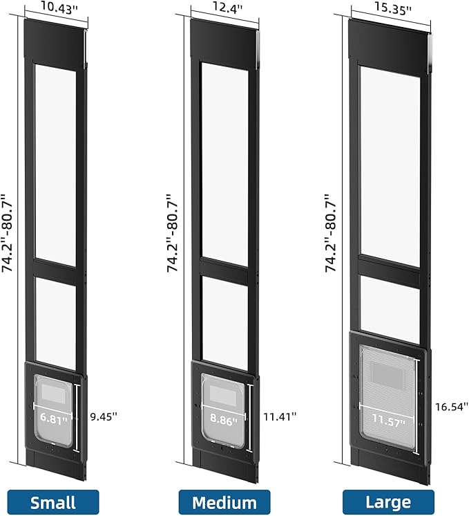 Dog Door for Sliding Glass Door, Magnetic Plastic Flap Sliding Door Pet Insert with Lock, Adjustable Height 74.2”-80.7”, No-Cut Installation for Patio Dog Access(Black L)
