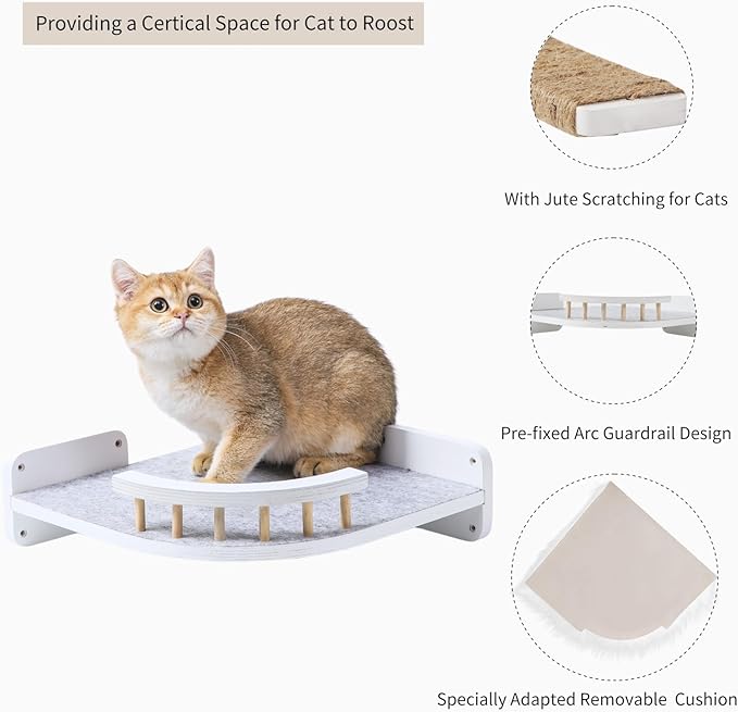 Cat Wall Shelves - 3 Steps Scratch Post & Hammock Bed, Corner Cat Furniture with Plush Covered Climbing Shelf for Indoor Cats (White)