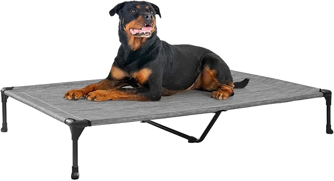 Veehoo Outdoor Elevated Dog Bed Large Sized Dogs, Extra Large Cooling Raised Dog Cots Beds Training Platform Off Ground Hammock with Breathable Mesh, No-Slip Feet, 53"x37", Black Silver
