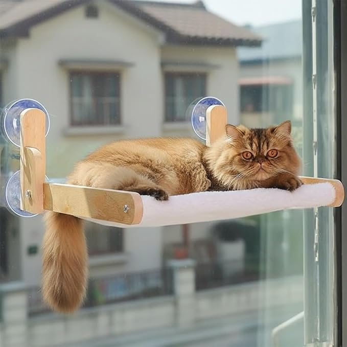 Foldable Cat Window Perch with Plush Furry Cover, Cat Hammock with Wooden Frame - Sturdy Suction Cups, No Drilling Required, Perfect for Indoor Cats & Kitchens, Easy to Clean