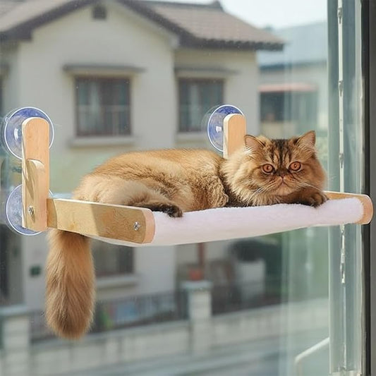 Foldable Cat Window Perch with Plush Furry Cover, Cat Hammock with Wooden Frame - Sturdy Suction Cups, No Drilling Required, Perfect for Indoor Cats & Kitchens, Easy to Clean