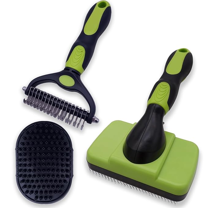 Dog brush Dog Grooming Kit 3PS： self-cleaning slicker brush dog Deshedding Tool&TPR Dog Bath Brush for dogs cats horse Home Travel (green)
