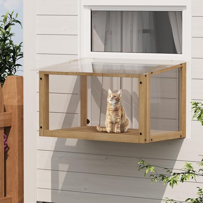 Cat Window Box, Cat cage, Wooden Window Perch House, Outdoor Hanging Enclosure with Solid Wood and Acrylic Panels, for Single-Hung Windows Measuring 24-35 Inch