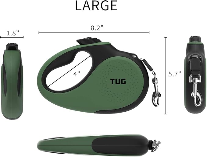 TUG 360° Tangle-Free Retractable Dog Leash with Anti-Slip Handle | 16 ft Strong Nylon Tape | One-Handed Brake, Pause, Lock (Large, Green)