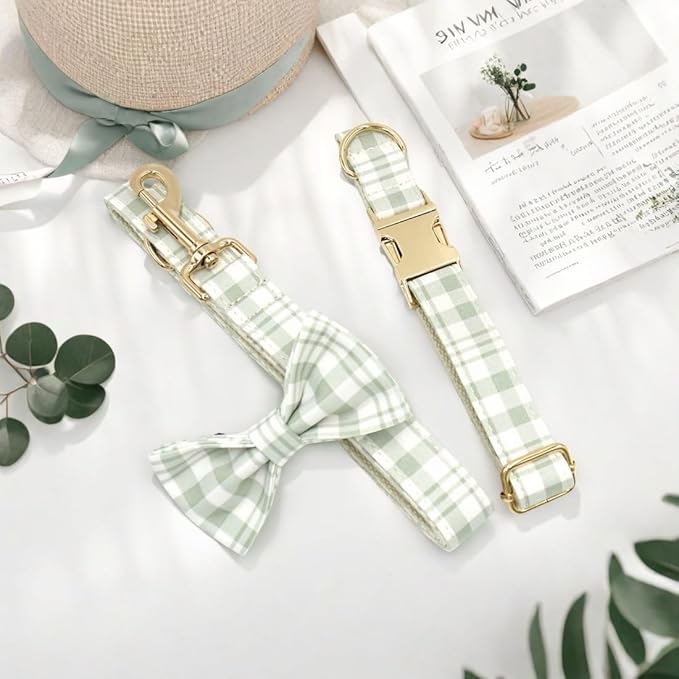 PETDURO Personalized Dog Collar Sage Green Plaid for Large Medium Dogs | Engraved Name and Phone Number on Gold Metal Buckle for Boys & Girls | Add Leash & Bow Tie via Customize Now