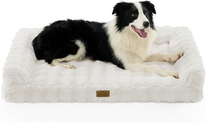 Faux Rabbit Fur Orthopedic Dog Bed, Large Dog Bed, Supportive Foam Pet Sofa with Waterproof Lining Cover, Washable U-Shaped Pet Couch with Anti-Slip Bottom Design, Beige XL 42x30x7 inch
