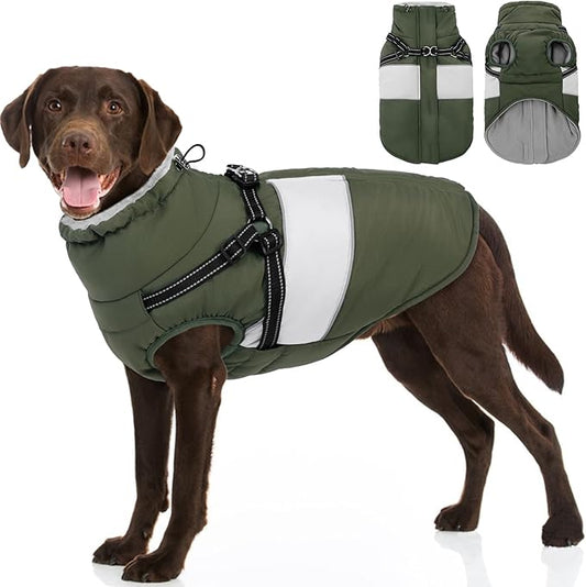 SUNFURA Dog Coat for Large Dogs, Warm Pet Jacket Winter with Harness Built in, Waterproof Pet Snow Jacket with Furry Collar, Reflective Fleece Snowsuit for Extra Large Dogs, Army Green XL