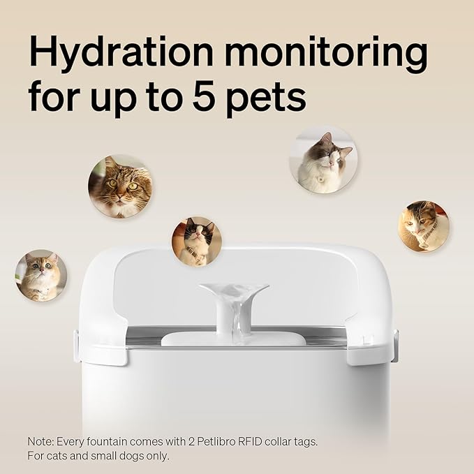 PETLIBRO RFID Multi Cats Water Fountain with Cat Recognition & Hydration Monitoring, Pump-Free Auto Cat Water Dispenser, Large Capacity 101oz/3L, 2.4G Wi-Fi APP Control Cat Fountain x2 Collar Tags