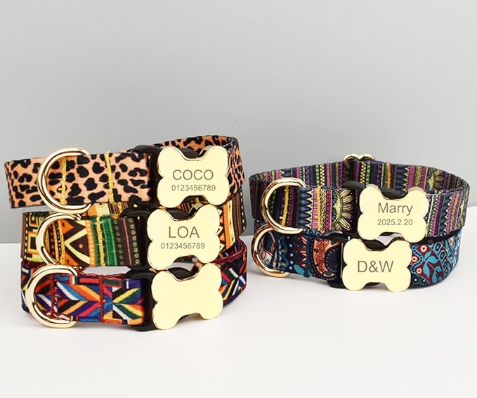 Personalized Dog Collar with Bone Buckle – Custom Name & Phone Number Engraved, Adjustable Quick Release for Small to Large Dogs (Ethnic Style)