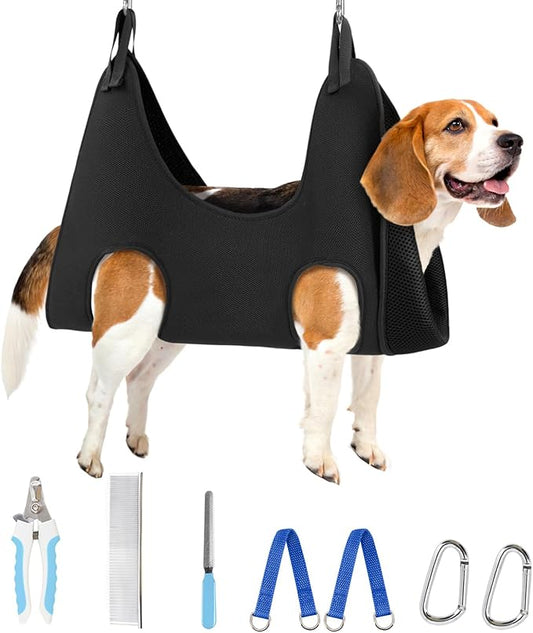 Supet Dog Grooming Hammock Harness for Dogs Cats, Relaxation Pet Nail Clipper Hammock, Restraint Dog & Small Animal Leashes Sling for Groomingk for Nail Trimming (Black, L)