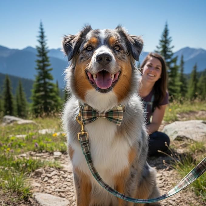 PETDURO Personalized Dog Collar Teal Brown Plaid for Large Medium Dogs | Engraved Name and Phone Number on Gold Metal Buckle for Boys & Girls | Add Leash & Bow Tie via Customize Now