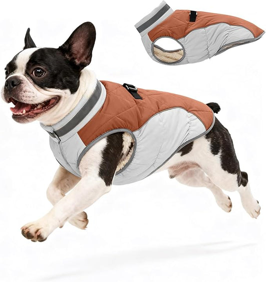 Dog Coat for Small Dogs, Adjustable Dog Jackets for Cold Weather, Reflective Winter Coat with Built-in Harness, Snowsuit Fits Dogs 7-14 lbs and Up, Size S Brown