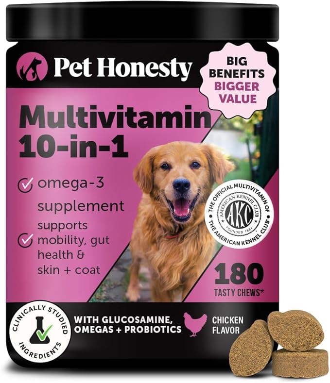 Dog Multivitamin - 10 in 1 Dog Vitamins for Health & Heart - Omega Fish Oil, Glucosamine & Probiotics - Dog Vitamins and Supplements for Skin and Coat (Chicken 180 ct)