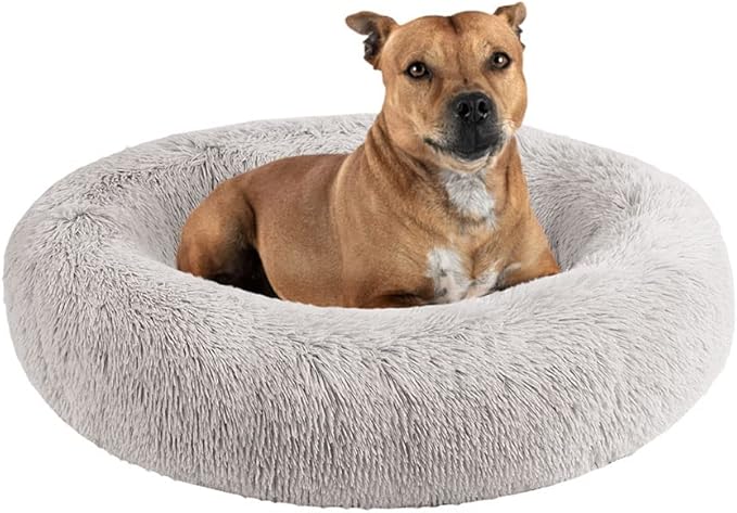 Friends Forever Serena Donut Memory Foam Orthopedic Dog Bed, Soft Faux Fur Oval Cat Couch For Indoor Pet, Fluffy Calming Plush Shag, Round Raised Bolster Cushion, Machine Washable Cuddler, Grey