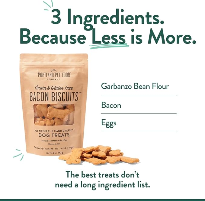 Portland Pet Food Company Bacon Dog Treats Healthy Biscuits for Large Medium & Small Dogs - Grain-Free, Human-Grade, All Natural Cookies, Snacks & Training Treats - Made in The USA - 3 Pack (5 oz)