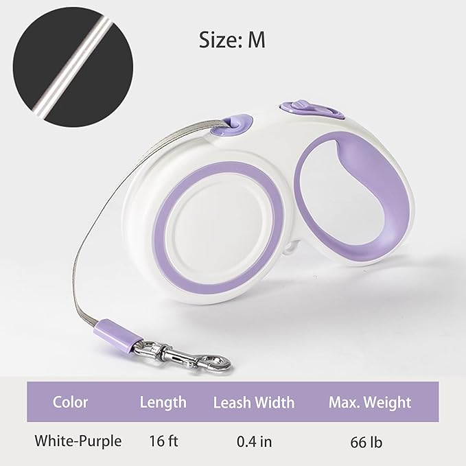 Retractable Dog Leash, Strong Reflective Nylon Tape Lead 16 ft Dog Walking Leash, up to 66lbs, Anti-Slip Rubberized Handle, 360° Tangle-Free, One-Handed Brake (White-Purple, Medium)