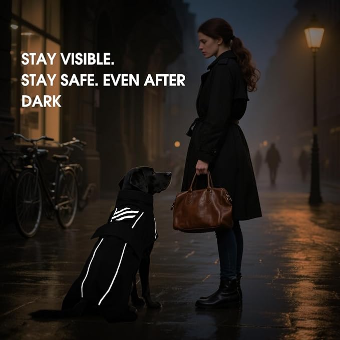 Dog Raincoat XL, Waterproof Rain Jacket for Dogs with Hood and Leash Hole, Reflect Strips, Ideal for Rain, Snow, Windy Weather & Outdoor Walks, Camping, Hiking - Black