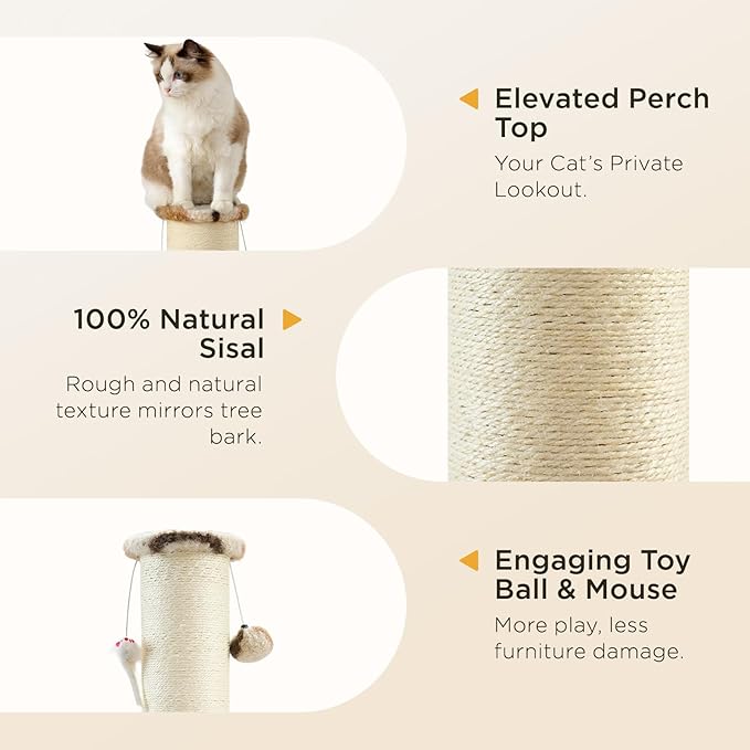 Joydeco Cat Scratching Post 38 Inches Heavy Duty and Thick Scratching Post Sisal Rope with Hanging Ball and Mice for Indoor Cats(Coffee)