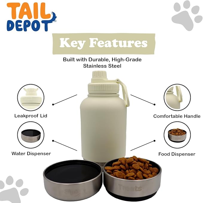 Tail Depot Snack Tank, 3-in-1 Water Bottle with Pet Treats and Water Bowl, Stainless Steel, Leakproof (Ivory, 1 Liter)