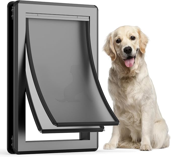 Dog Door for Exterior Door,Antirust & Heavy Duty Doggie Door,Aluminum Doggy Door with Two Flaps with Six Magnetic Strips, Pet Door (Black, Large)