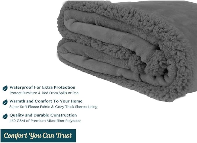 PAVILIA Waterproof Blanket Throw Dark Grey Queen,Waterproof Pet Blanket for Dog Couch Protection,Leak Proof Sherpa Fleece Blanket for Bed Sofa,Liquid Resistant Large Plush Throw 90x90,Charcoal