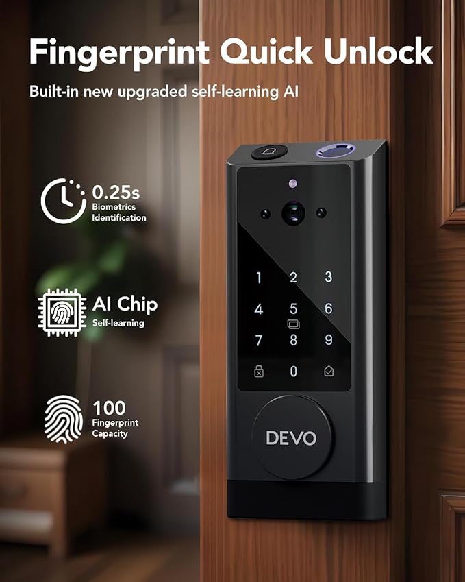 Devo G1 Video Smart Lock with Camera & Doorbell,App Remote Door Lock 6-in-1 Keyless Entry,Fingerprint ID,Auto Locks,Built-in Wi-Fi Smart Deadbolt for Front Door,Easy Install,Waterproof,BHMA Grade 3