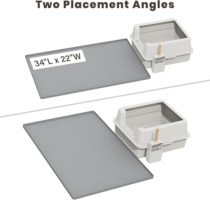 Cat Mat for Litter Box, 34" X 22" Large Silicone Cat Litter Trapping Mat, Easy Clean for Scatter Control, Soft on Kitty Paws, Waterproof, Urine-Proof, Non-Slip Kitty Litter Mat for Floor, Gray