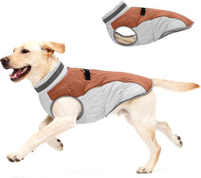 Dog Coat for Medium Dogs, Adjustable Dog Jackets for Cold Weather, Reflective Winter Coat with Built-in Harness, Snowsuit Fits Dogs 14-25 lbs and Up, Size M Brown