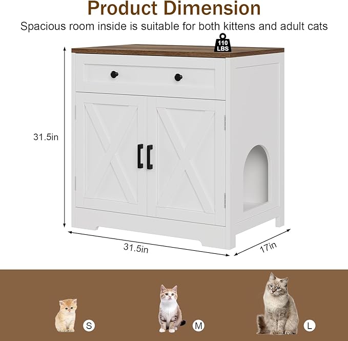 Cat Litter Box Enclosure with Storage Drawers, Hidden Litter Box Wooden Furniture, Modern Farmhouse Indoor Cat House and Multi Functional Side Table, White