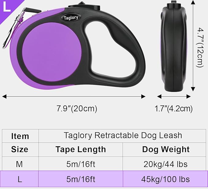 Taglory Retractable Dog Leash, 16ft No Tangle Leash Retractable for Medium and Large Dogs Up to 100 lbs, One-Handed Brake, Pause, Lock, Purple