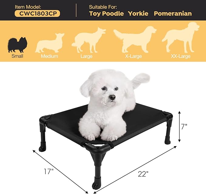 Veehoo Outdoor Elevated Dog Bed for Small Dogs, Cooling Raised Dog Cots Beds Training Platform Off Ground Hammock with Breathable Mesh, No-Slip Feet, 22"x17", Black
